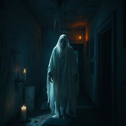 A chilling horror scene in a dark, abandoned house, with an eerie atmosphere filled with ghostly apparitions