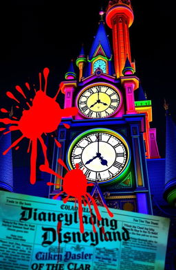 A grand clock tower located at Cinderella's Castle in Disneyland, featuring a whimsical design with arcade colors such as bright pinks, greens, yellows, and blues