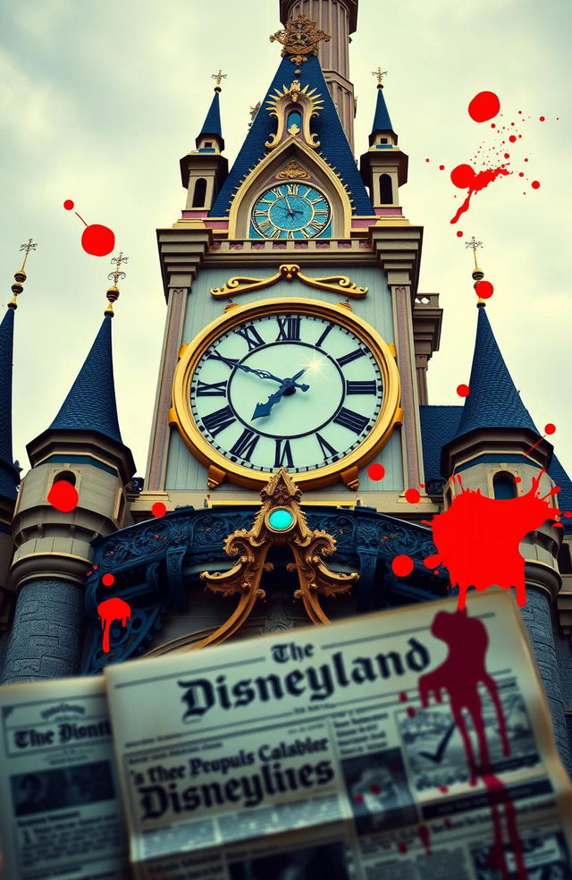 A grand clock tower located at Cinderella's Castle in Disneyland, featuring a whimsical design with arcade colors such as bright pinks, greens, yellows, and blues