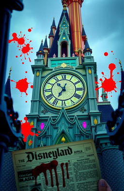 A grand clock tower located at Cinderella's Castle in Disneyland, featuring a whimsical design with arcade colors such as bright pinks, greens, yellows, and blues