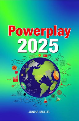 A striking book cover titled 'Powerplay 2025', featuring a collage of symbols and images representing higher-level physics, chemistry, math, biology, and languages like English and Bengali