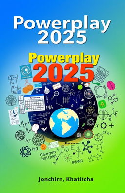 A striking book cover titled 'Powerplay 2025', featuring a collage of symbols and images representing higher-level physics, chemistry, math, biology, and languages like English and Bengali