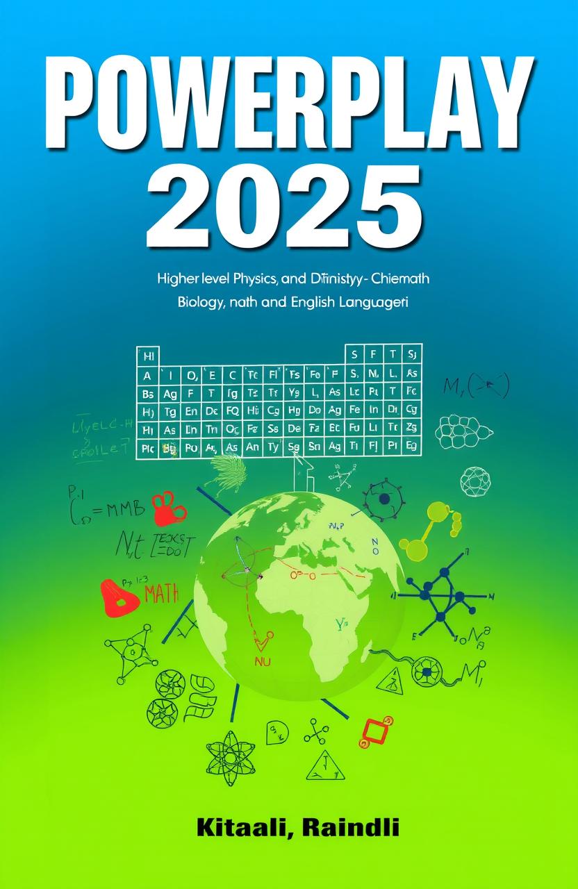 A striking book cover titled 'Powerplay 2025', featuring a collage of symbols and images representing higher-level physics, chemistry, math, biology, and languages like English and Bengali