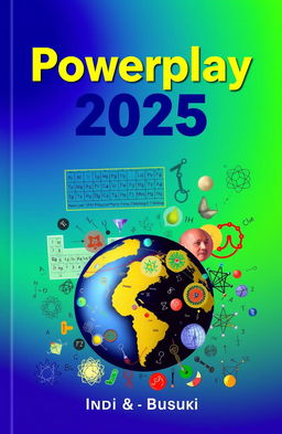 A striking book cover titled 'Powerplay 2025', featuring a collage of symbols and images representing higher-level physics, chemistry, math, biology, and languages like English and Bengali