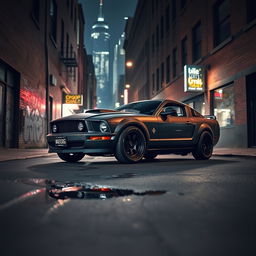 A 2006 Ford Mustang transformed into a striking rat rod, parked on a dimly lit street in a dark, urban environment