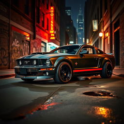 A 2006 Ford Mustang transformed into a striking rat rod, parked on a dimly lit street in a dark, urban environment