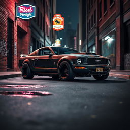 A 2006 Ford Mustang transformed into a striking rat rod, parked on a dimly lit street in a dark, urban environment