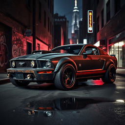 A 2006 Ford Mustang transformed into a striking rat rod, parked on a dimly lit street in a dark, urban environment