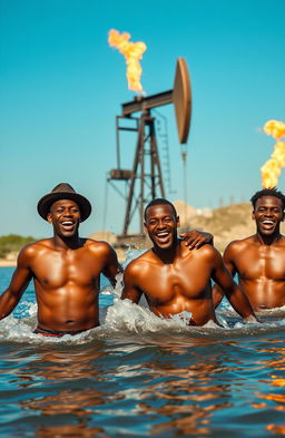 Four bare-chested black men joyfully swimming in a river, splashing water around them