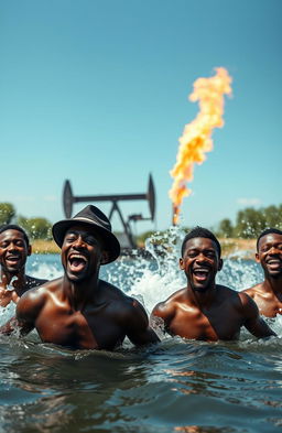 Four bare-chested black men joyfully swimming in a river, splashing water around them