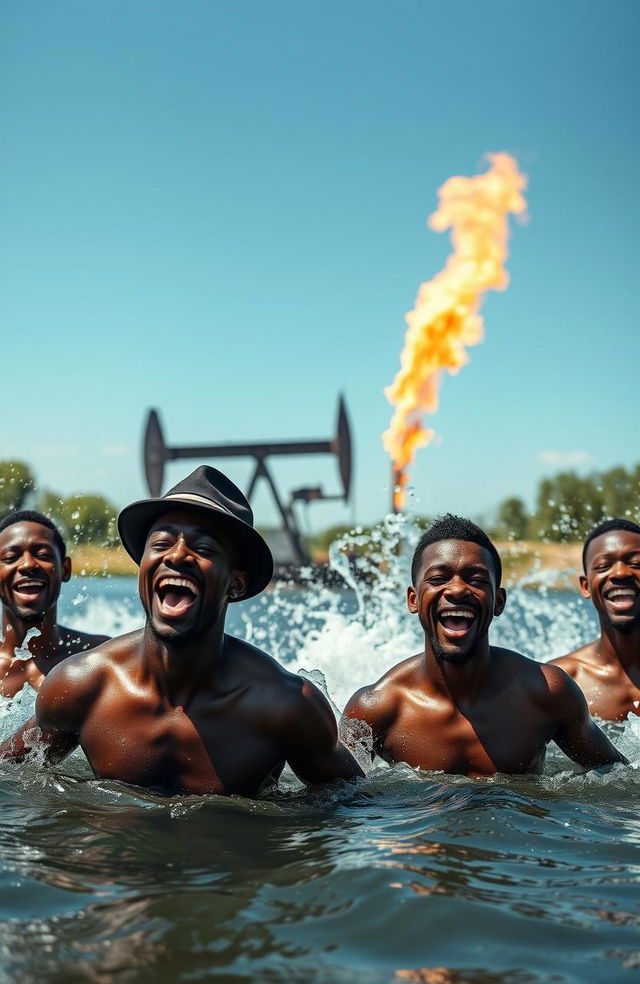 Four bare-chested black men joyfully swimming in a river, splashing water around them