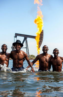 Four bare-chested black men joyfully swimming in a river, splashing water around them