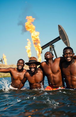 Four bare-chested black men joyfully swimming in a river, splashing water around them