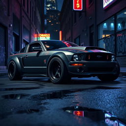 A 2006 Ford Mustang transformed into a striking rat rod, featuring a very aggressive widebody kit that emphasizes its muscular stance