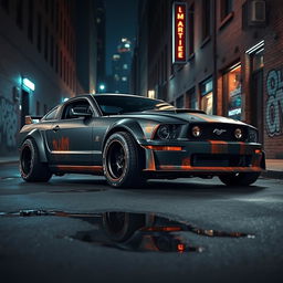 A 2006 Ford Mustang transformed into a striking rat rod, featuring a very aggressive widebody kit that emphasizes its muscular stance