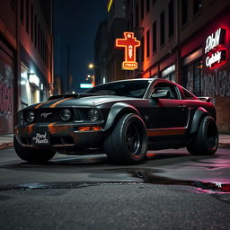 A 2006 Ford Mustang transformed into a striking rat rod, featuring a very aggressive widebody kit that emphasizes its muscular stance