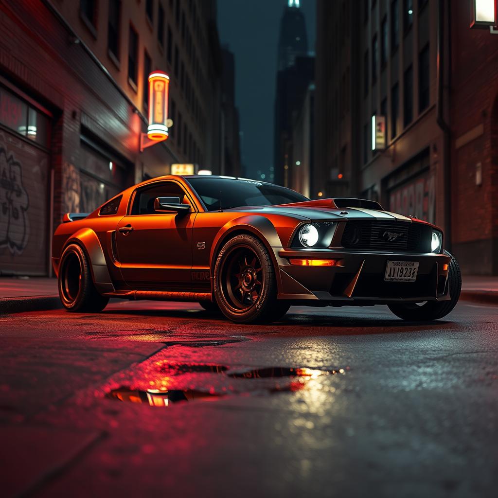 A 2006 Ford Mustang transformed into a striking rat rod, featuring a very aggressive widebody kit that emphasizes its muscular stance