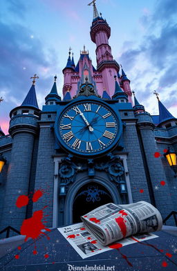 A grand clock located at Cinderella Castle in Disneyland, designed with vibrant arcade colors while maintaining an enchanted aesthetic