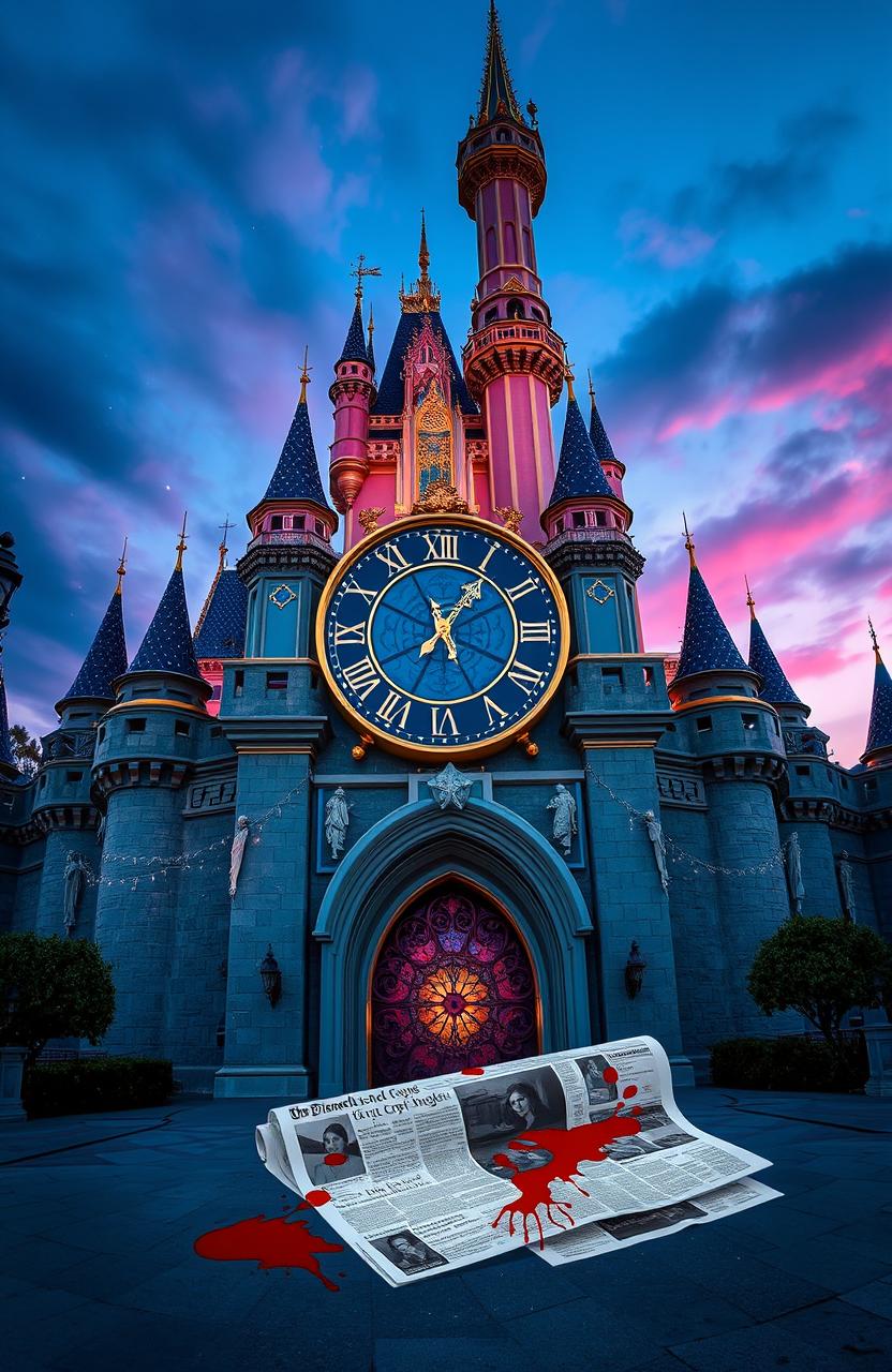 A grand clock located at Cinderella Castle in Disneyland, designed with vibrant arcade colors while maintaining an enchanted aesthetic