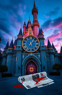 A grand clock located at Cinderella Castle in Disneyland, designed with vibrant arcade colors while maintaining an enchanted aesthetic