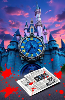 A grand clock located at Cinderella Castle in Disneyland, designed with vibrant arcade colors while maintaining an enchanted aesthetic