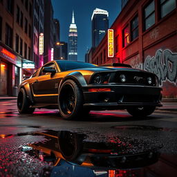 An elevated 3/4 view of a 2006 Ford Mustang transformed into a captivating rat rod, featuring a very aggressive widebody kit that enhances its bold and muscular appearance