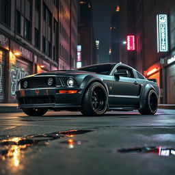 An elevated 3/4 view of a 2006 Ford Mustang transformed into a captivating rat rod, featuring a very aggressive widebody kit that enhances its bold and muscular appearance