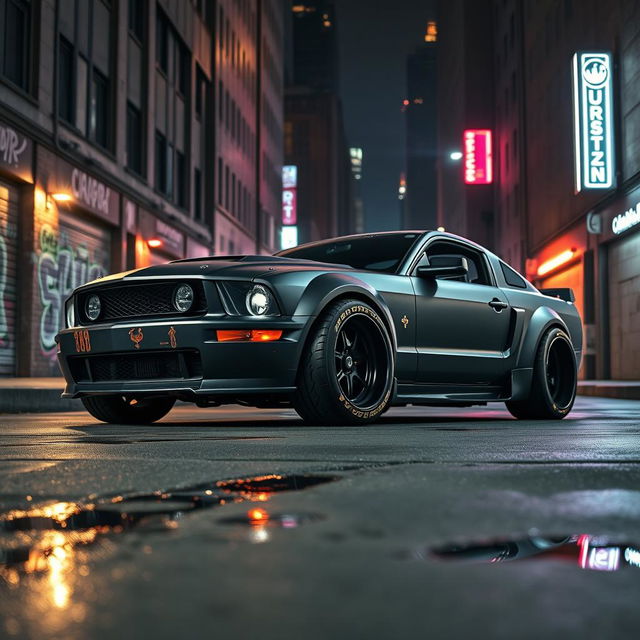 An elevated 3/4 view of a 2006 Ford Mustang transformed into a captivating rat rod, featuring a very aggressive widebody kit that enhances its bold and muscular appearance