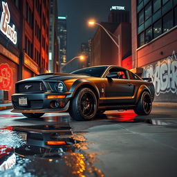 An elevated 3/4 view of a 2006 Ford Mustang transformed into a captivating rat rod, featuring a very aggressive widebody kit that enhances its bold and muscular appearance