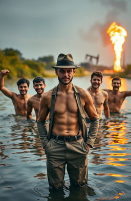 Four bare-chested men joyfully swimming in a serene river, surrounded by lush riverine background and vivid flames rising from a distant oil well, creating a dramatic contrast