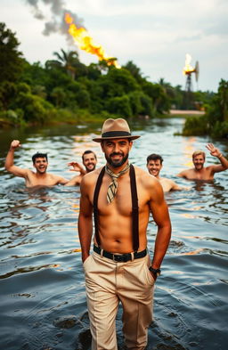 Four bare-chested men joyfully swimming in a serene river, surrounded by lush riverine background and vivid flames rising from a distant oil well, creating a dramatic contrast