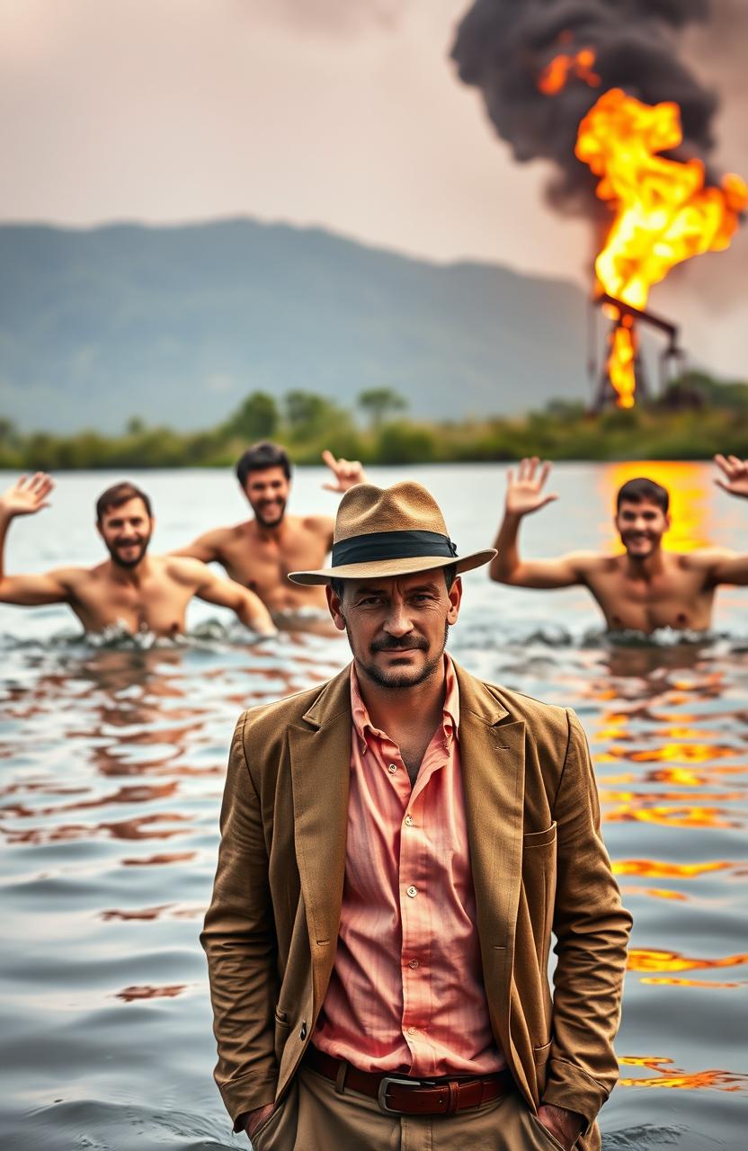 Four bare-chested men joyfully swimming in a serene river, surrounded by lush riverine background and vivid flames rising from a distant oil well, creating a dramatic contrast
