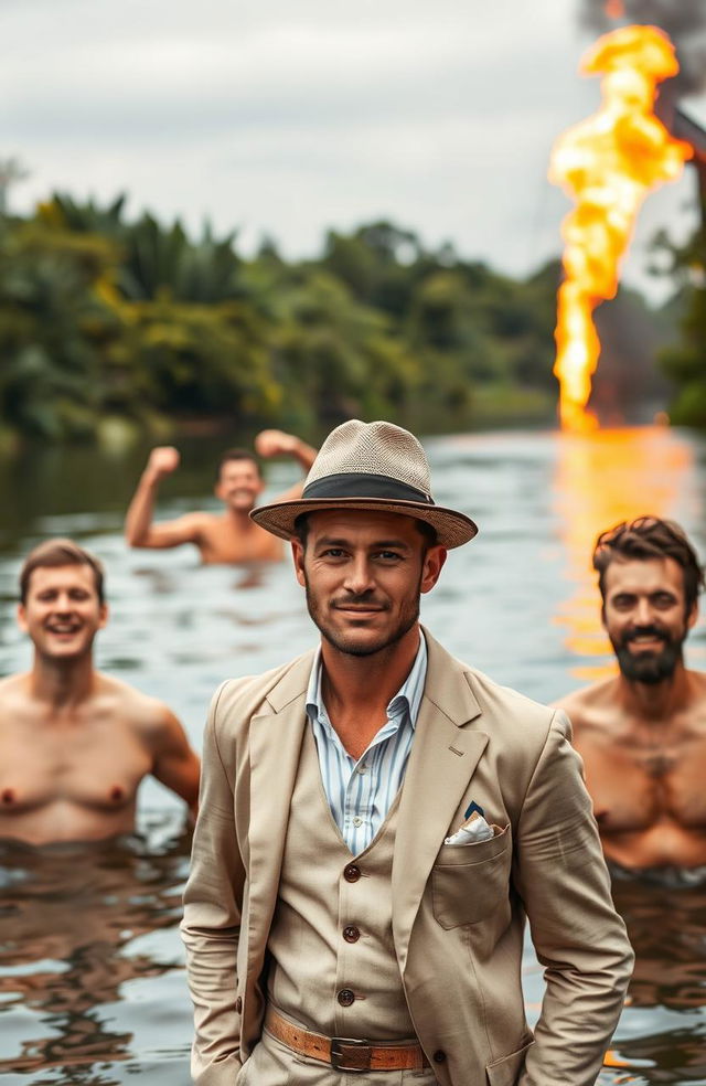 Four bare-chested men joyfully swimming in a serene river, surrounded by lush riverine background and vivid flames rising from a distant oil well, creating a dramatic contrast