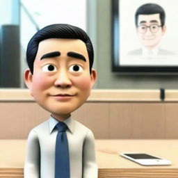 Generate a Pixar-style 3D Memoji representation of a Japanese businessman, highlighted by close-up, high-detail camera angle. The portrait should concentrate solely on the face and head, with a specific focus on eyes and facial details.