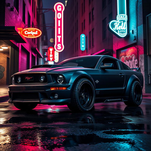 A higher angle view of a 2006 Ford Mustang transformed into a stunning rat rod, showcasing a very aggressive widebody kit that enhances its bold and powerful look