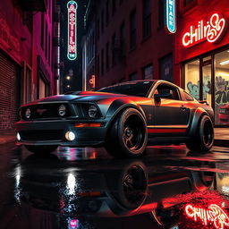 A higher angle view of a 2006 Ford Mustang transformed into a stunning rat rod, showcasing a very aggressive widebody kit that enhances its bold and powerful look