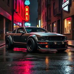 A higher angle view of a 2006 Ford Mustang transformed into a stunning rat rod, showcasing a very aggressive widebody kit that enhances its bold and powerful look