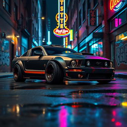 A higher angle view of a 2006 Ford Mustang transformed into a stunning rat rod, showcasing a very aggressive widebody kit that enhances its bold and powerful look