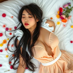 A seductive and stunning 27-year-old Chinese maid girl, lying on a white bed adorned with colorful flowers