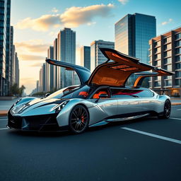 A luxurious limousine inspired by a Pagani car design, featuring iconic gullwing doors that are opened, showcasing the elegant and extravagant interior