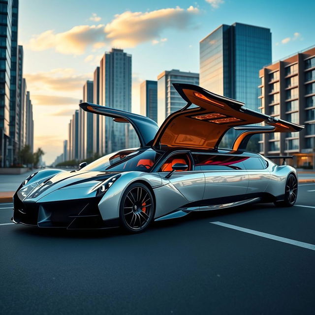 A luxurious limousine inspired by a Pagani car design, featuring iconic gullwing doors that are opened, showcasing the elegant and extravagant interior