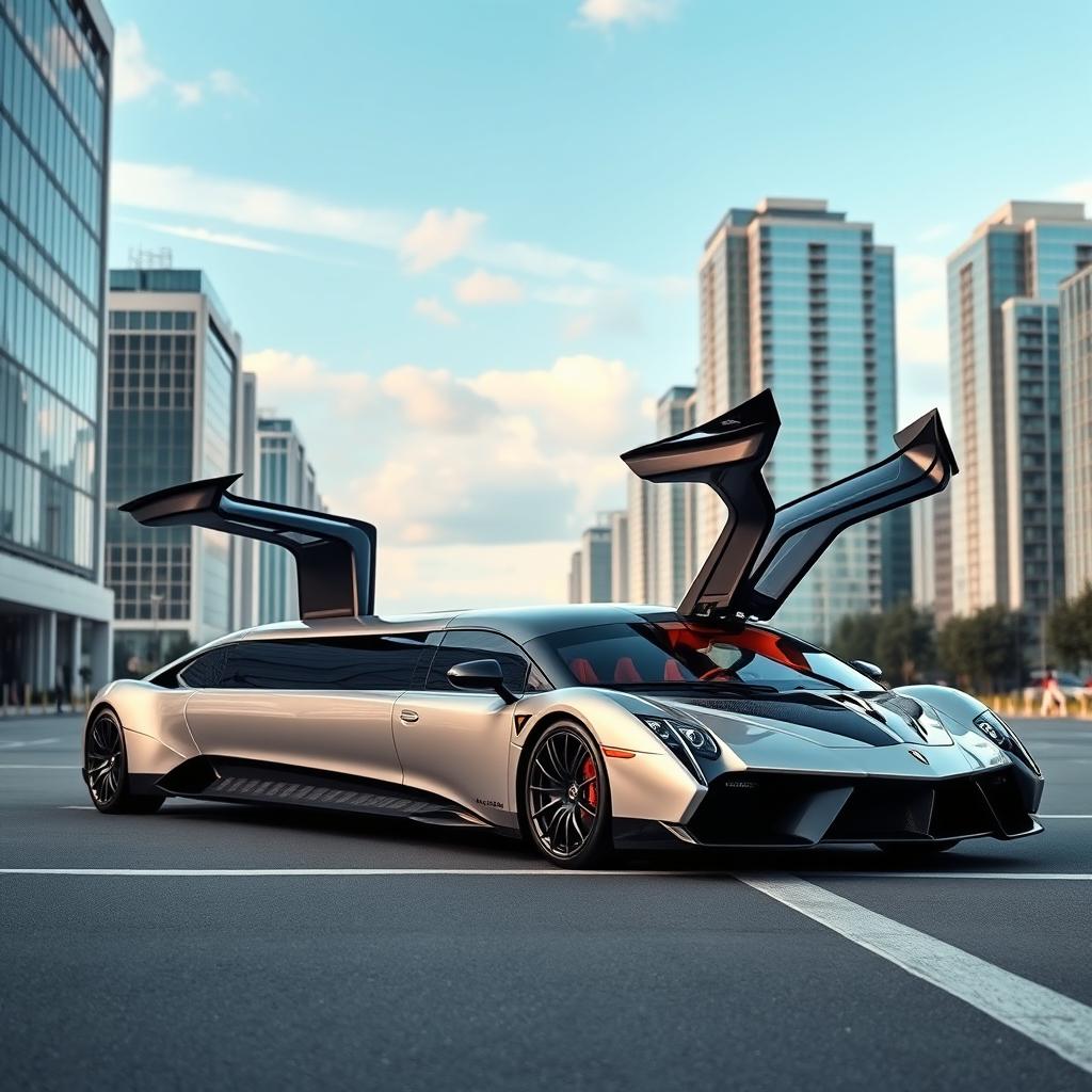 A luxurious limousine inspired by a Pagani car design, featuring iconic gullwing doors that are opened, showcasing the elegant and extravagant interior