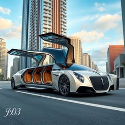 A luxurious limousine inspired by a Pagani car design, featuring iconic gullwing doors that are opened, showcasing the elegant and extravagant interior