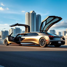 A luxurious limousine inspired by a Pagani car design, featuring iconic gullwing doors that are opened, showcasing the elegant and extravagant interior