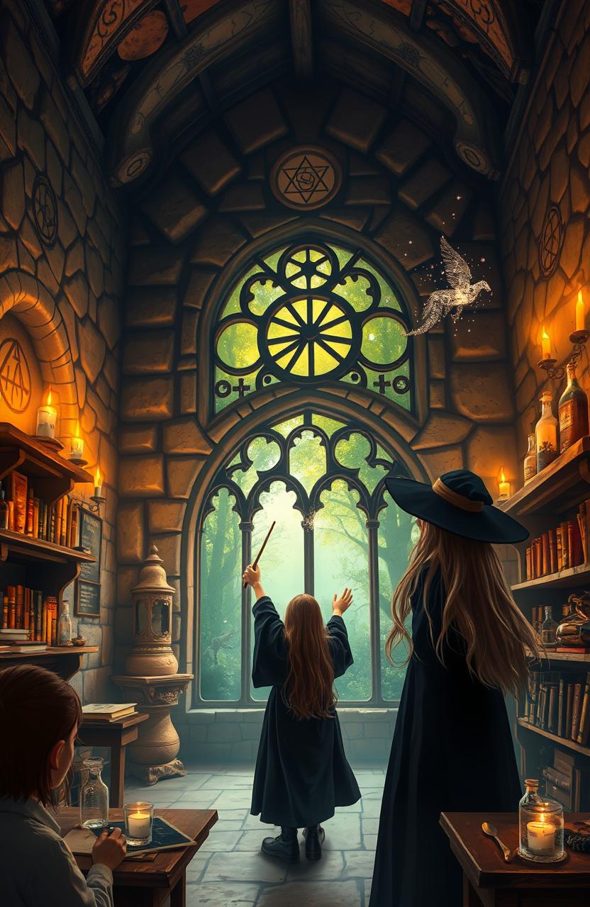 A magical scene inside a witch's school, featuring ancient stone walls adorned with mystical symbols, floating candles illuminating the room, and students practicing spells with wand movements