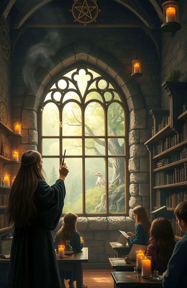 A magical scene inside a witch's school, featuring ancient stone walls adorned with mystical symbols, floating candles illuminating the room, and students practicing spells with wand movements