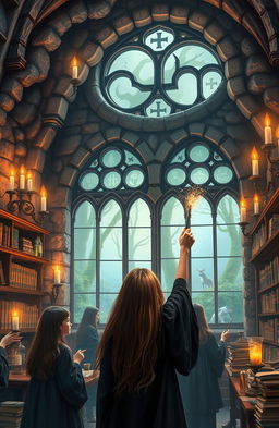 A magical scene inside a witch's school, featuring ancient stone walls adorned with mystical symbols, floating candles illuminating the room, and students practicing spells with wand movements