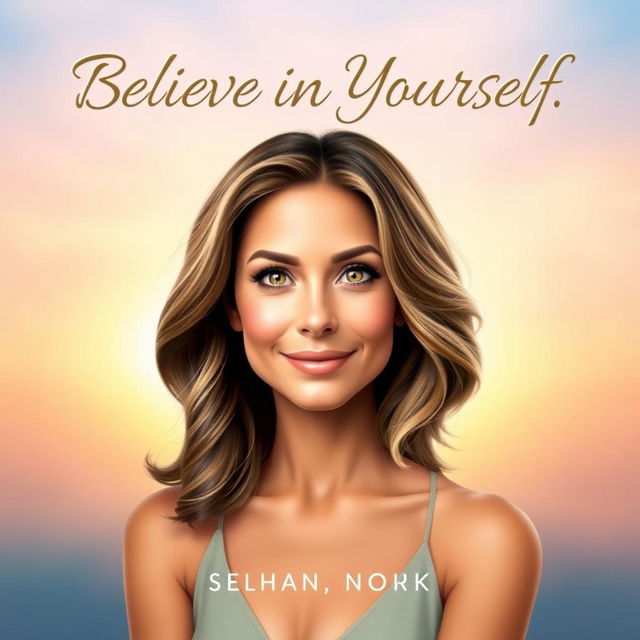 A beautiful 6x9 inch book cover titled 'Believe in Yourself' featuring a realistic portrait of a woman who embodies a blend of Barbra Streisand and Jennifer Aniston