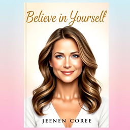 A beautiful 6x9 inch book cover titled 'Believe in Yourself' featuring a realistic portrait of a woman who embodies a blend of Barbra Streisand and Jennifer Aniston