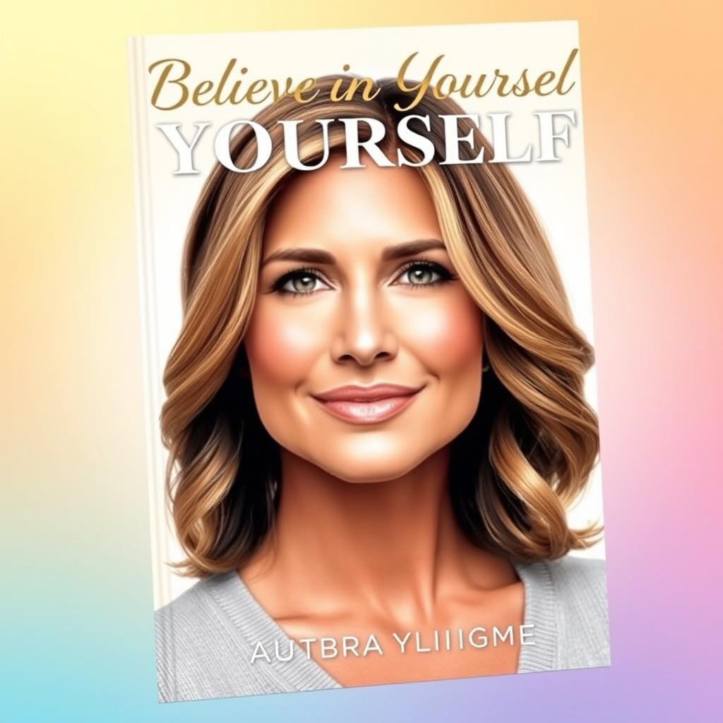 A beautiful 6x9 inch book cover titled 'Believe in Yourself' featuring a realistic portrait of a woman who embodies a blend of Barbra Streisand and Jennifer Aniston